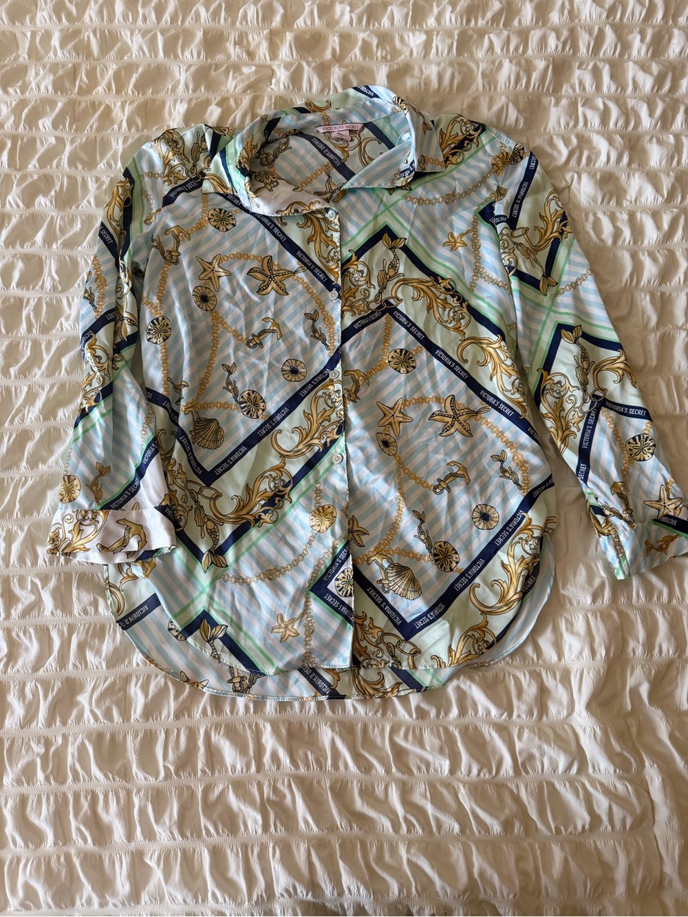Victoria's Secret Light Blue & Gold Nautical Print Blouse
